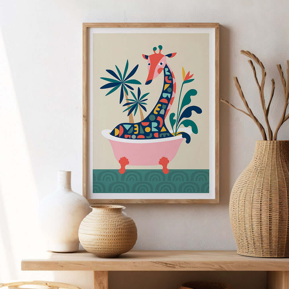 This print featuring a giraffe enjoying a relaxing bath surrounded by plants and flowers. 