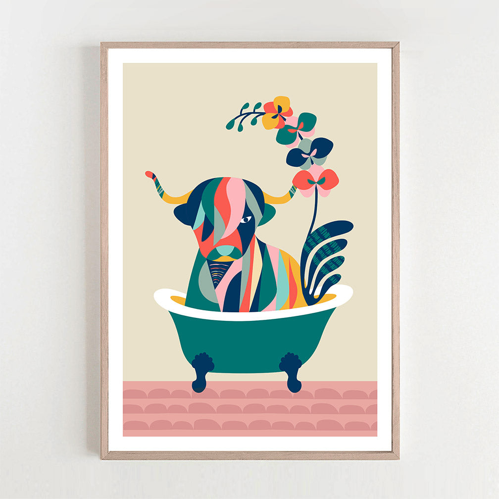 A vibrant highland cow enjoying a floral bath in a bathtub - a delightful and colorful artwork!