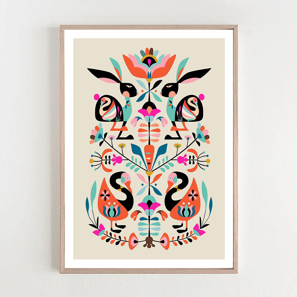 A vibrant art print featuring a colorful design with rabbit folk art and flowers.