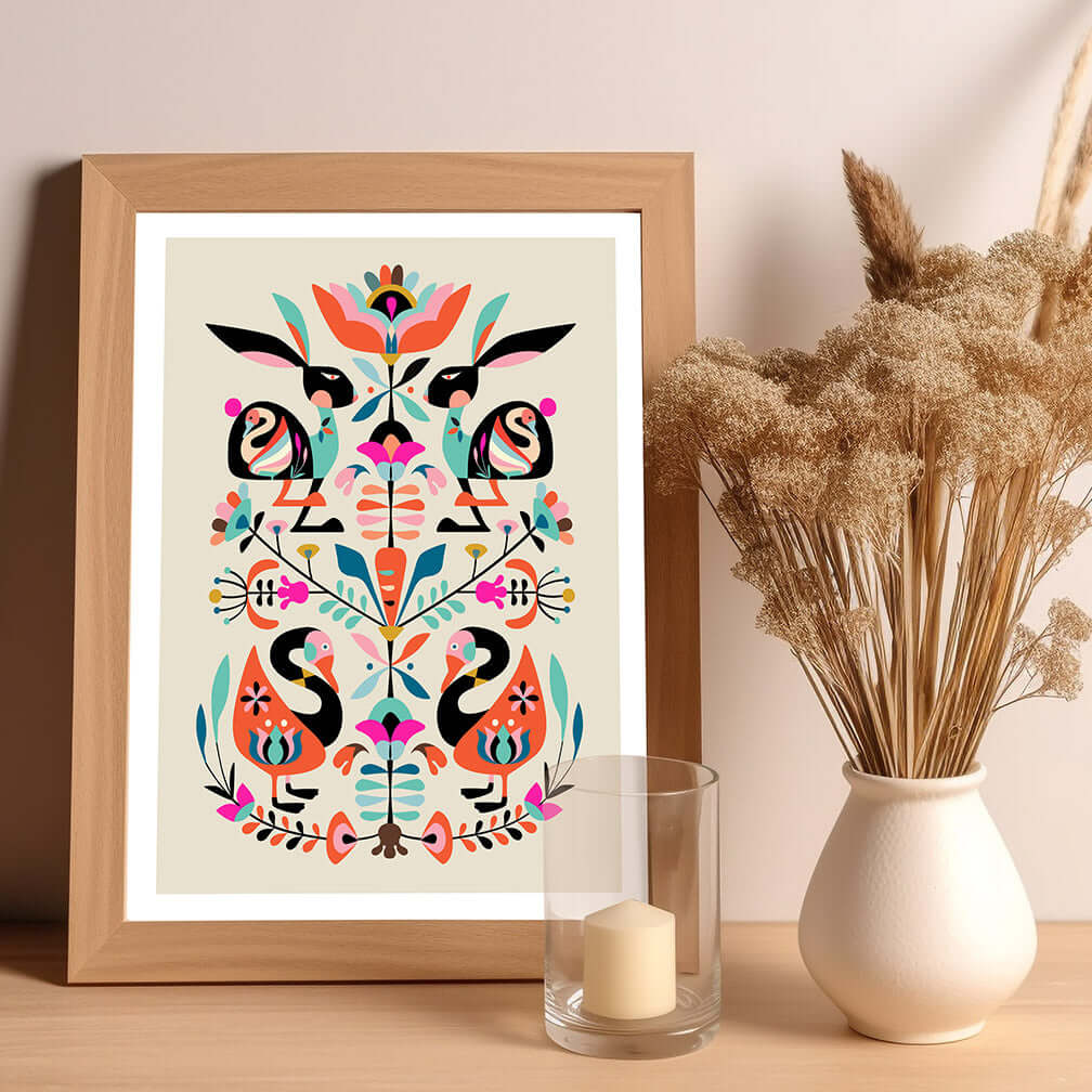 A vibrant art print featuring a colorful design with rabbit folk art and flowers.