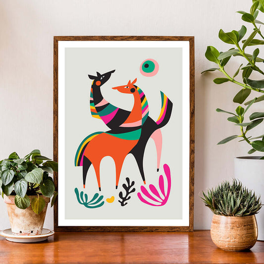 Print featuring a wild horse in motion under the bright sun.