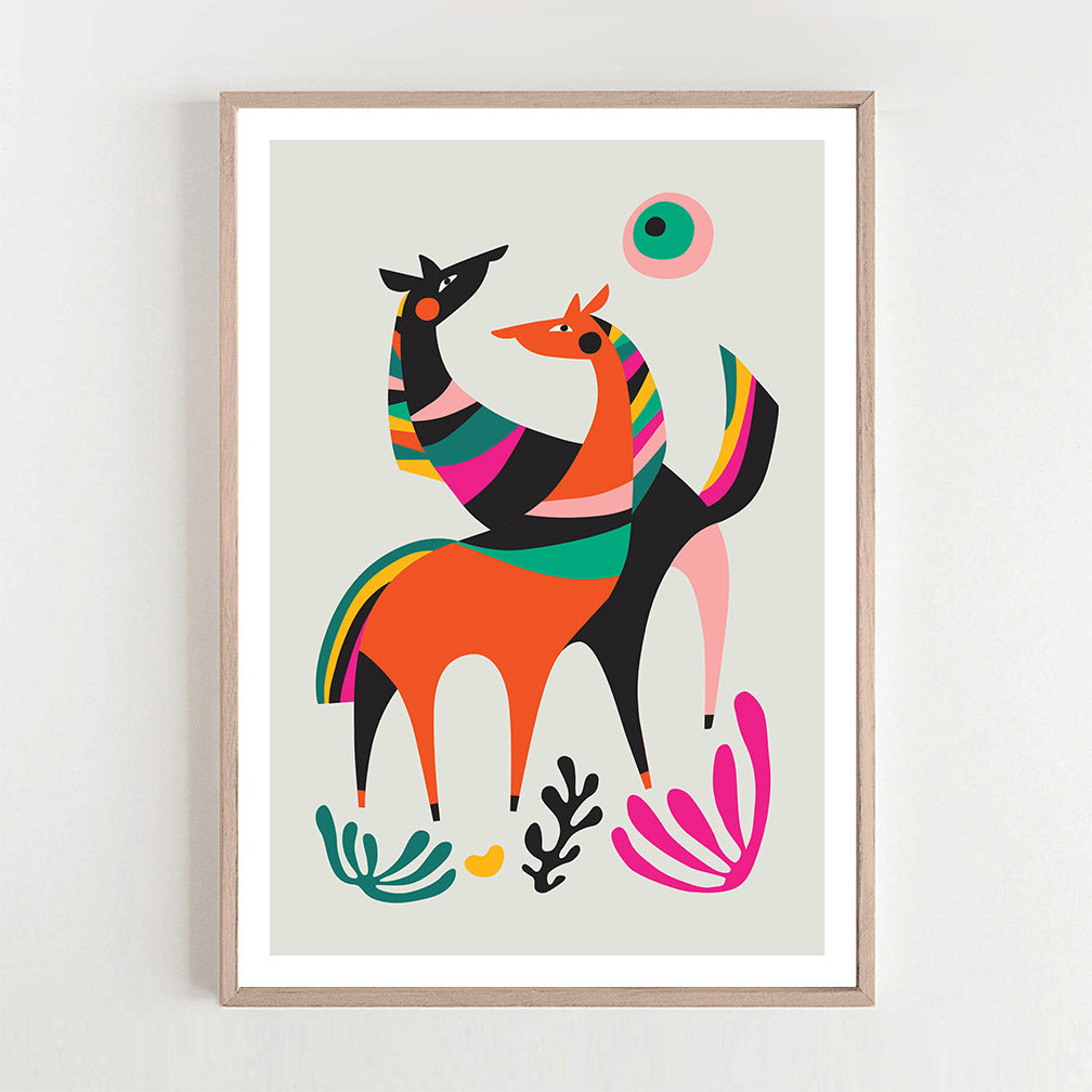Print featuring a wild horse in motion under the bright sun.