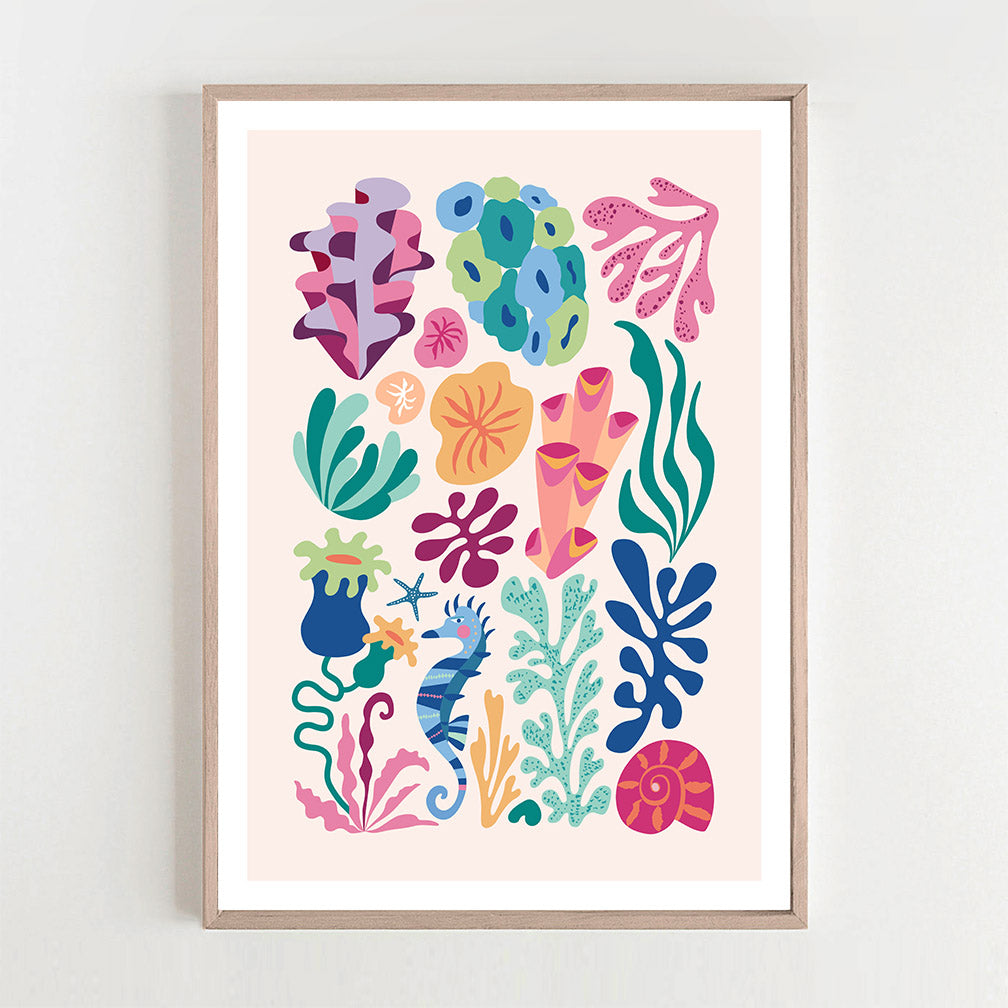A captivating art print capturing the beauty of coral and seaweed in vibrant colors, complemented by corals, a sea horse, and a sea shell."