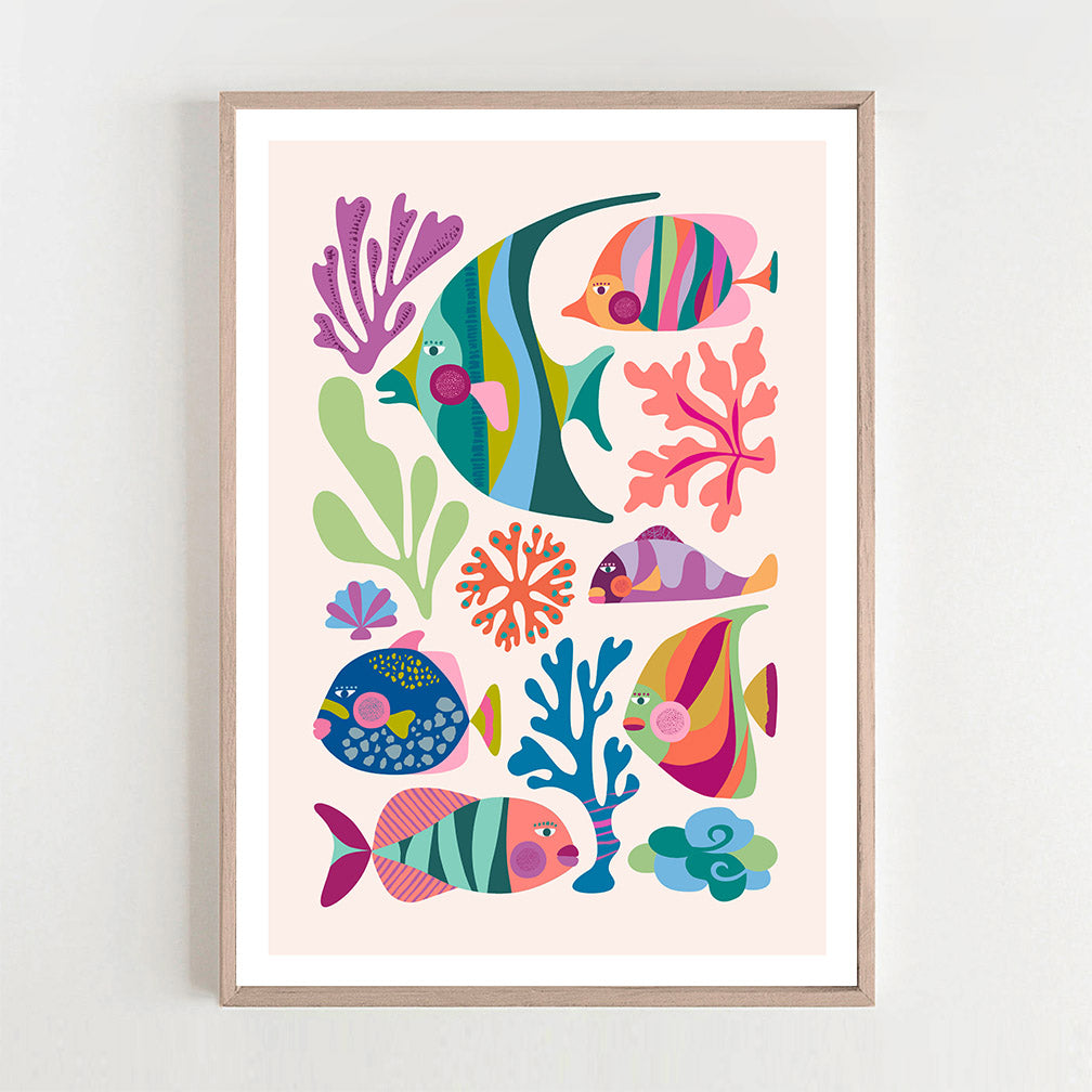 Eye-catching tropical fish print showcasing a variety of exotic marine creatures.