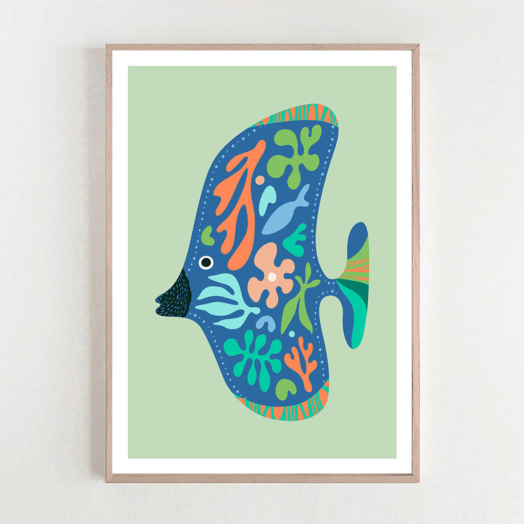 Framed art print showcasing a tropical fish, beautifully illustrated with bright, colorful patterns.