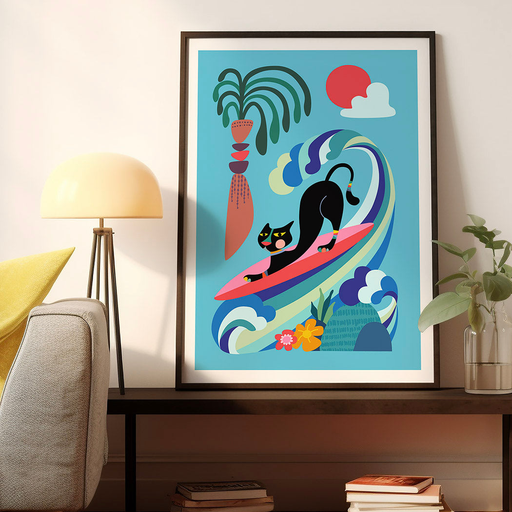 A black cat on a surfboard? Now that’s a purr-fect way to catch some home waves! 