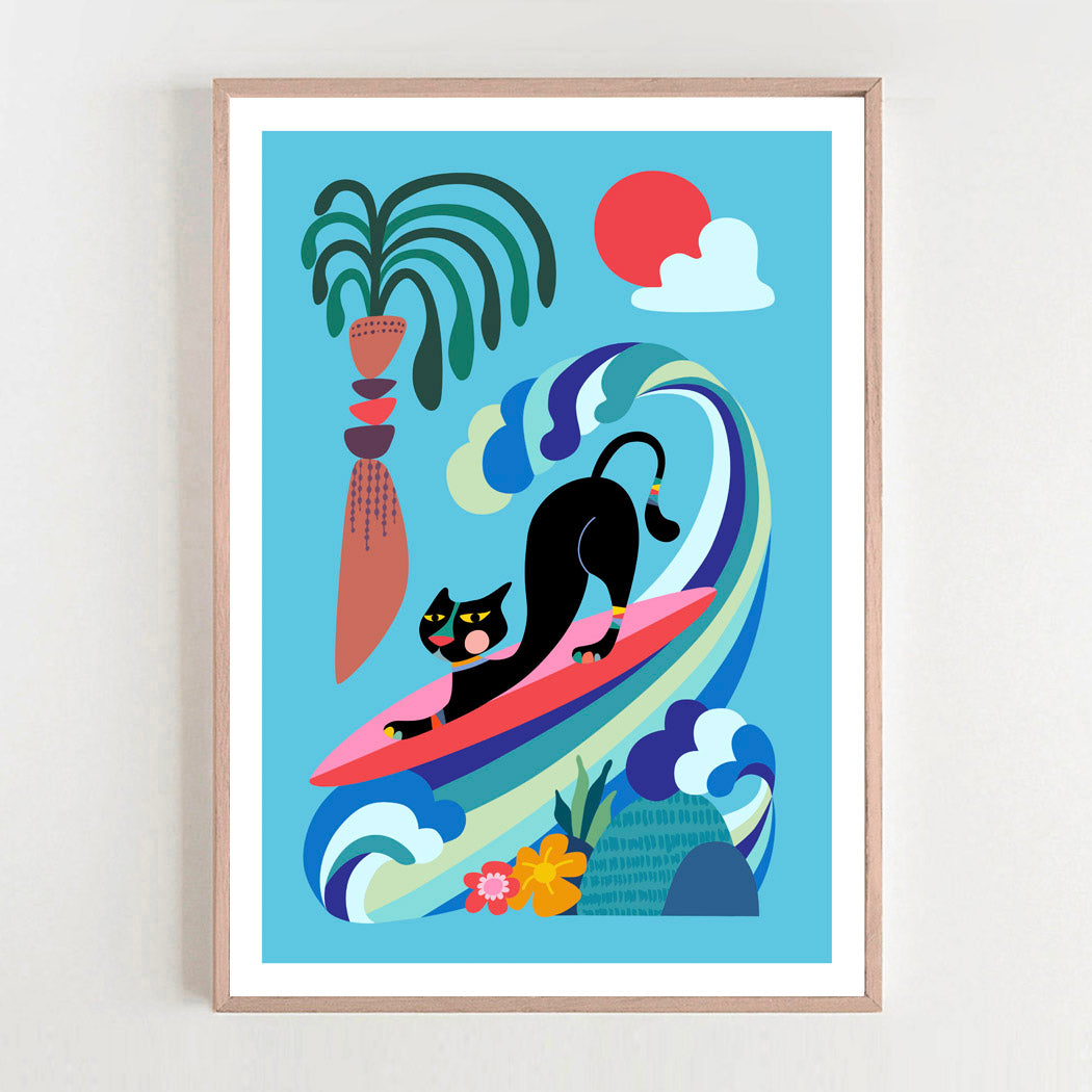 A black cat on a surfboard? Now that’s a purr-fect way to catch some home waves! 