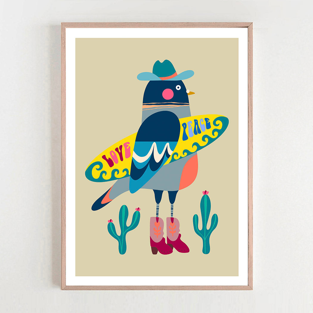 This pigeon is ready to catch some waves! Who knew surfboards and cacti made such a perfect pair? 