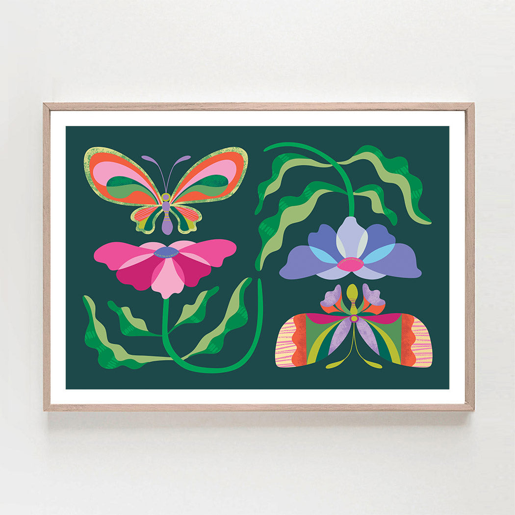 Framed artwork with colorful butterflies and flowers on a dark green background