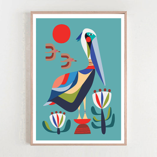 Framed abstract artwork of a stylized bird on a blue background