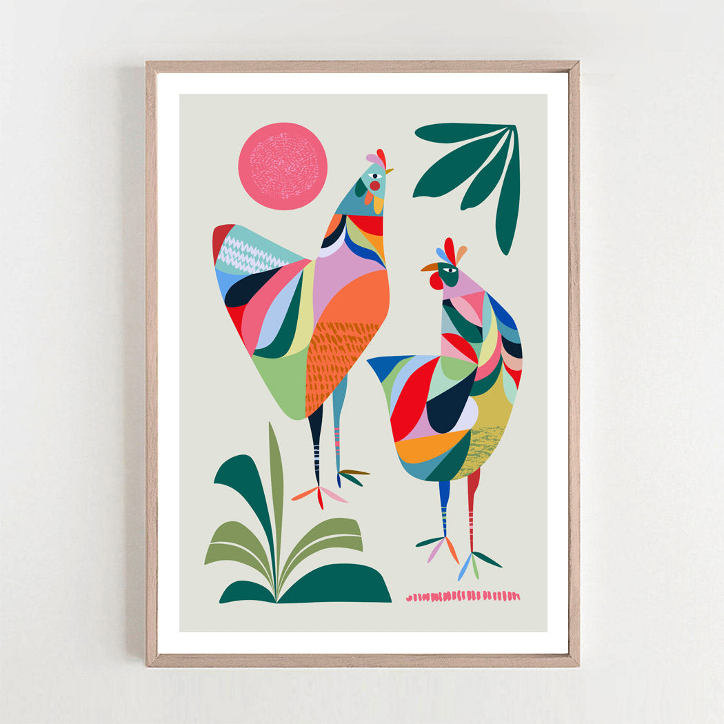 Framed colorful abstract art print of two roosters on a white background