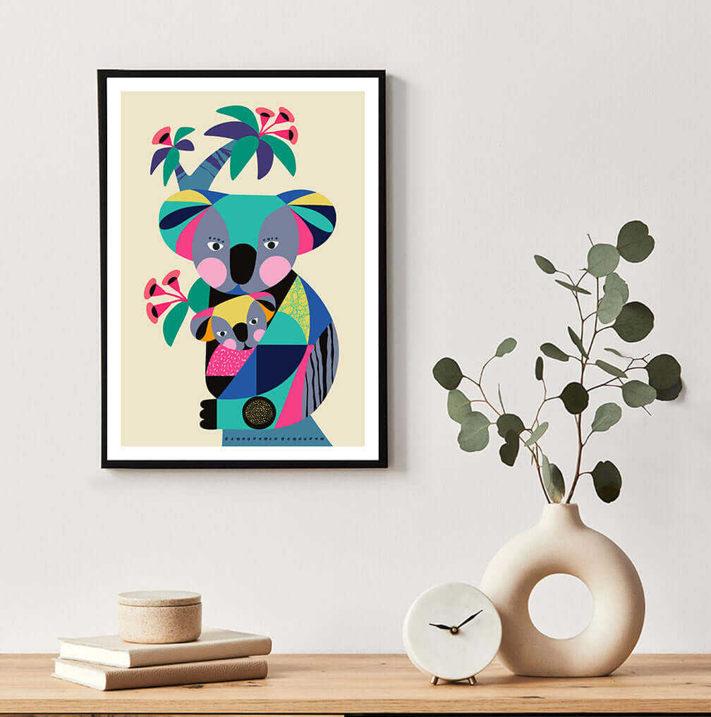  This print featuring Colorful koala bear sitting in front of a palm tree in the living room.
