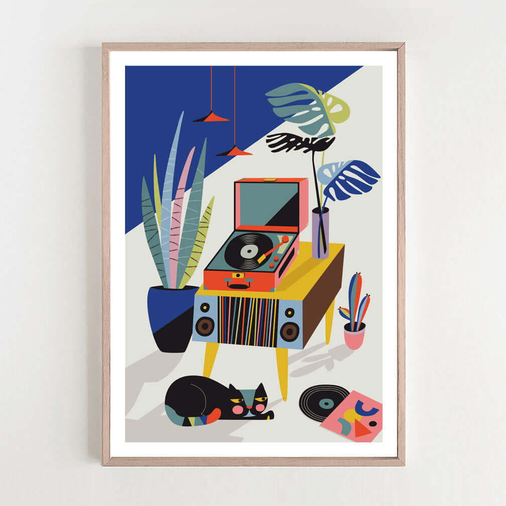 A vibrant art print featuring a cute black cat sitting next to a vintage record player, enjoying the music.