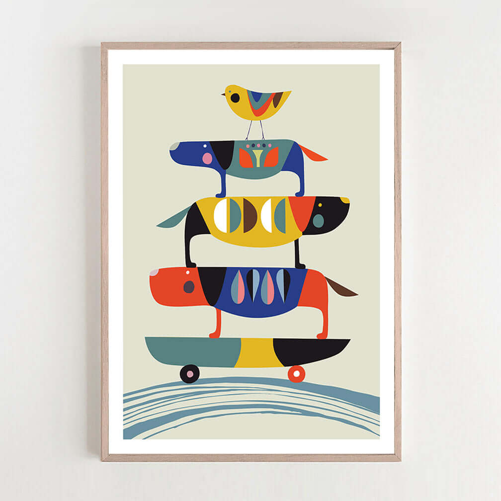A framed art print featuring 3 dogs skateboarding together.