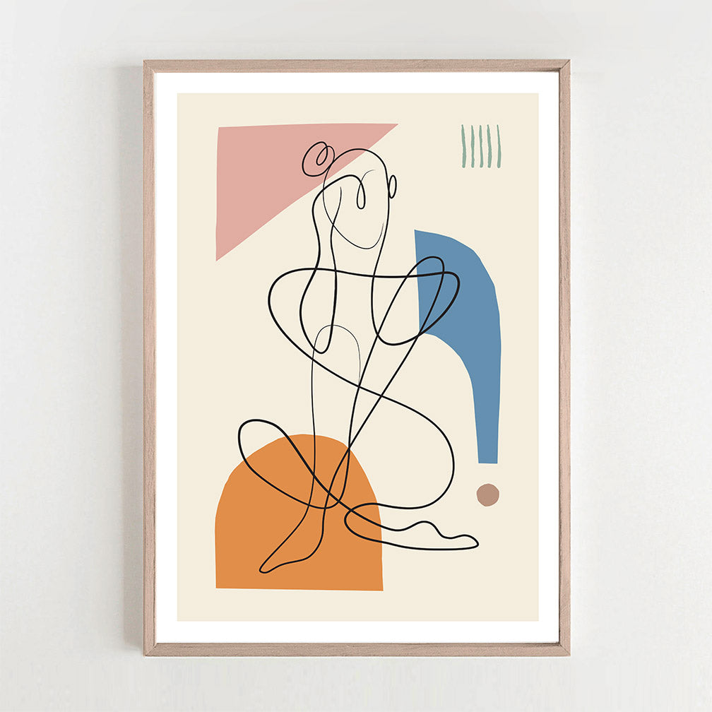  A framed art print of a woman sitting on a chair, showcasing elegance and tranquility.