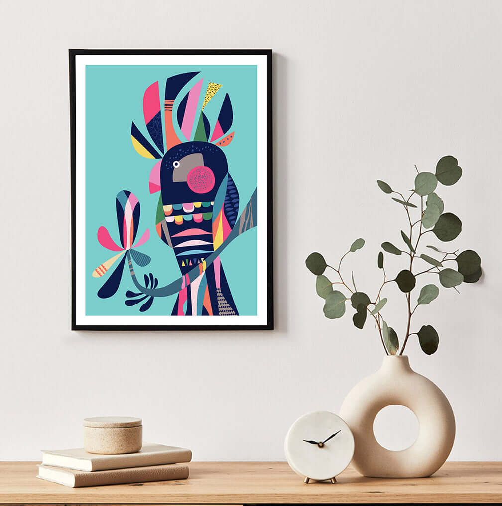  Colorful abstract art print of a cockatoo on a wall.
