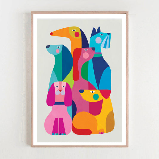 Framed colorful abstract dog illustration on a white wall