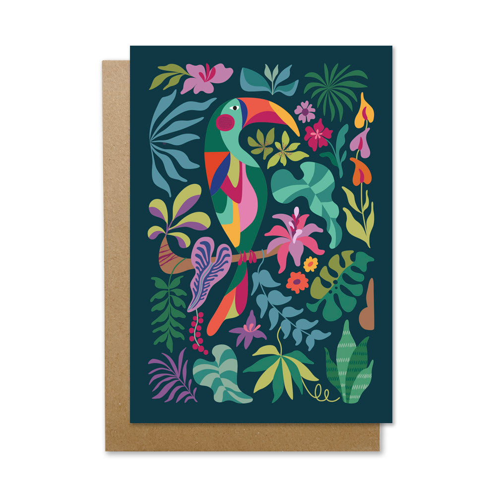 Colorful tropical plants and birds on a toucan greeting card.