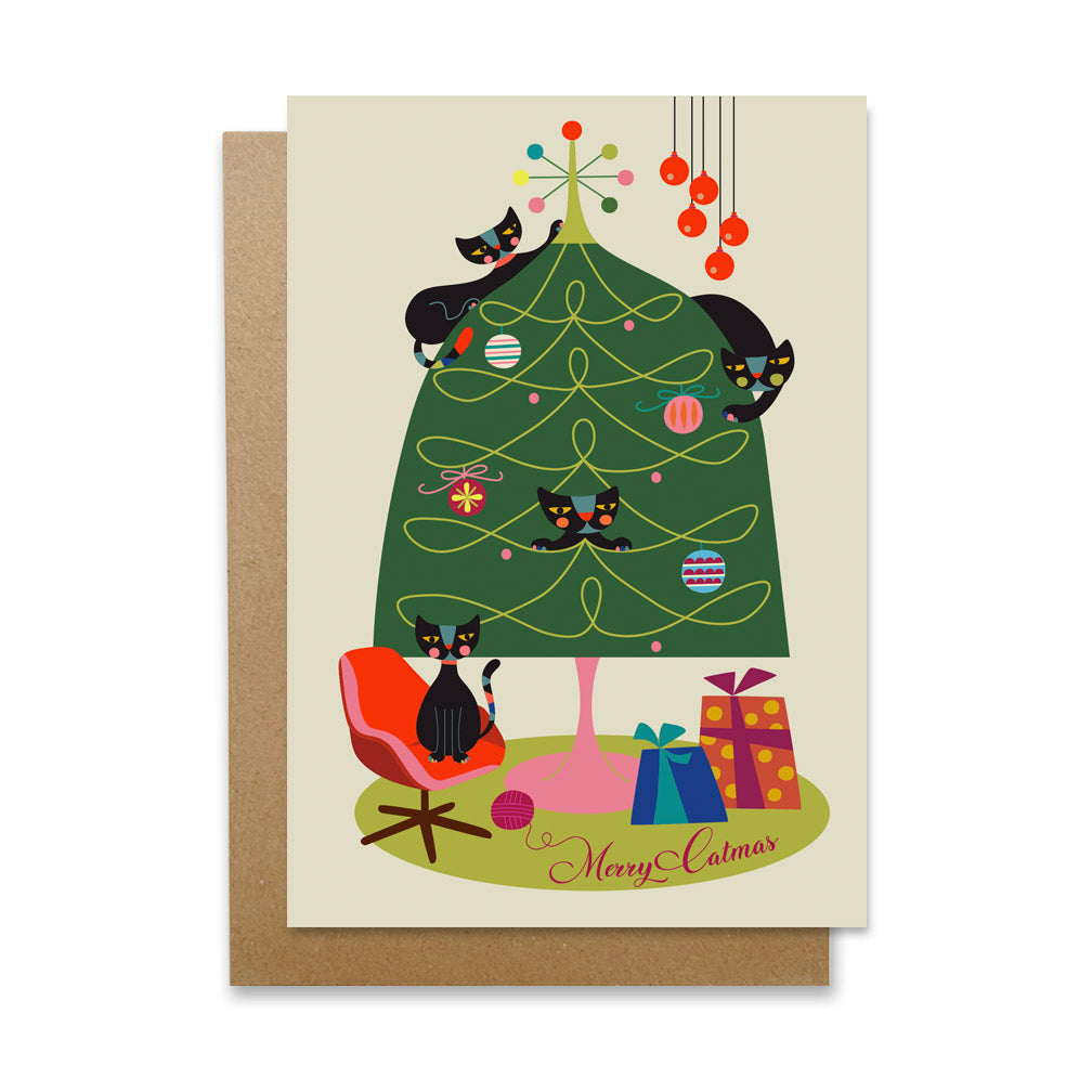  A retro Christmas card featuring a cat on a tree and another cat on a chair. Meow-rry Christmas! 