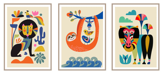 Set of 3 Prints ( Lion, Sloth and Baboon in A3 )
