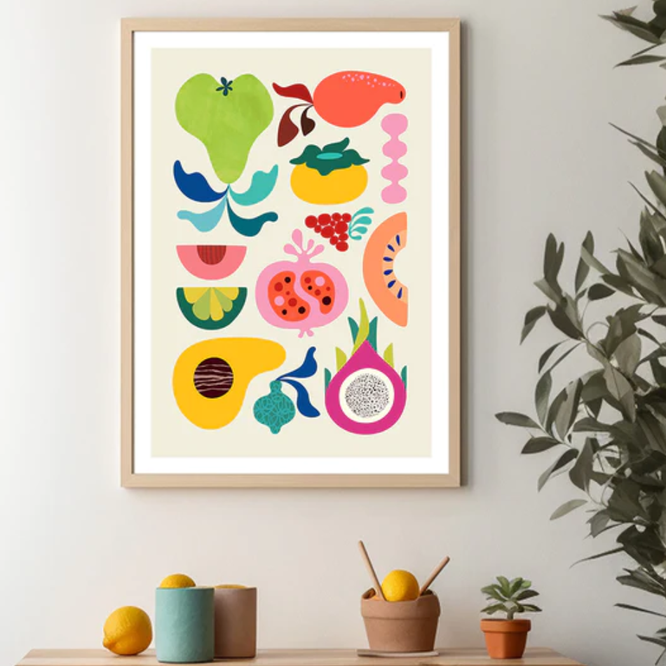 A vibrant art print of fruits and vegetables adorns the wall. A delightful mix of colors and shapes.